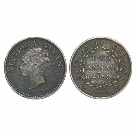 Victoria Queen, Silver, 2 Annas, 1841, CL, Bombay Mint, A(a)/I, With curl of hairs on 1st 