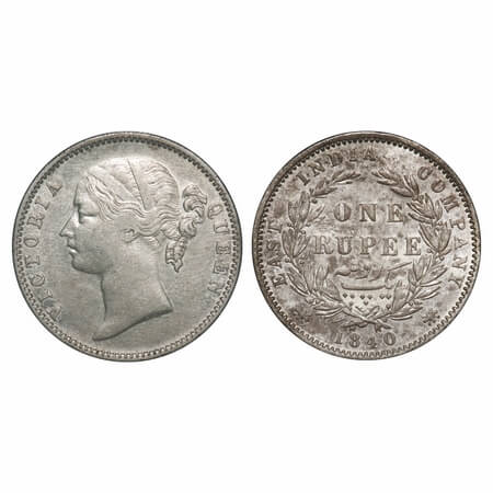 Victoria Queen, Silver, Rupee, 1840, DL, Madras Mint, W.W. 'B.' Dot raised, Wreath with 29