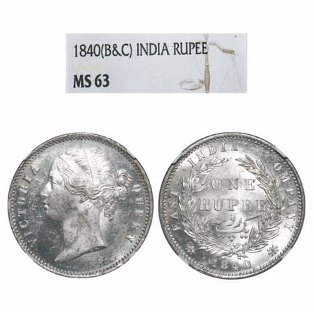 Victoria Queen, Silver, Rupee, 1840, DL, Calcutta Mint, W.W. raised, Wreath with 28 Berrie
