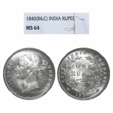 Victoria Queen, Silver, Rupee, 1840, DL, Calcutta Mint, W.W. raised, Wreath with 28 Berrie