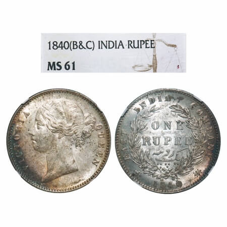Victoria Queen, Silver, Rupee, 1840, DL, Calcutta Mint, W.W. raised, Wreath with 28 Berrie
