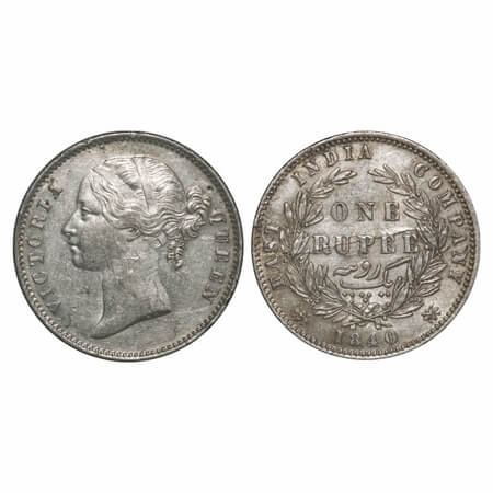 Victoria Queen, Silver, Rupee, 1840, DL, Calcutta Mint, W.W. raised, Wreath with 28 Berrie