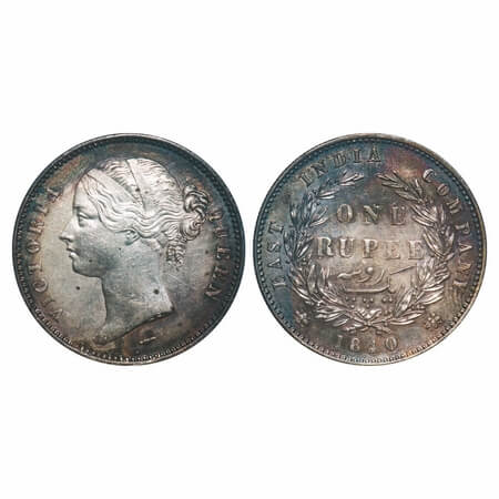 Victoria Queen, Silver, Rupee, 1840, DL, Calcutta Mint, W.W. raised, Wreath with 28 Berrie