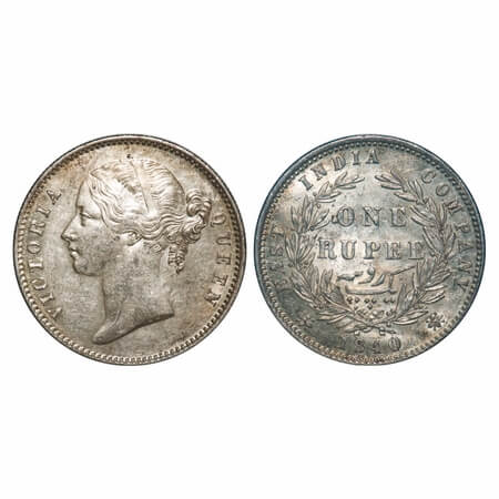 Victoria Queen, Silver, Rupee, 1840, DL, Calcutta Mint, W.W. raised, Wreath with 28 Berrie
