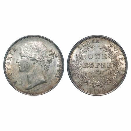 Victoria Queen, Silver, Rupee, 1840, DL, Calcutta Mint, W.W. raised, Wreath with 28 Berrie