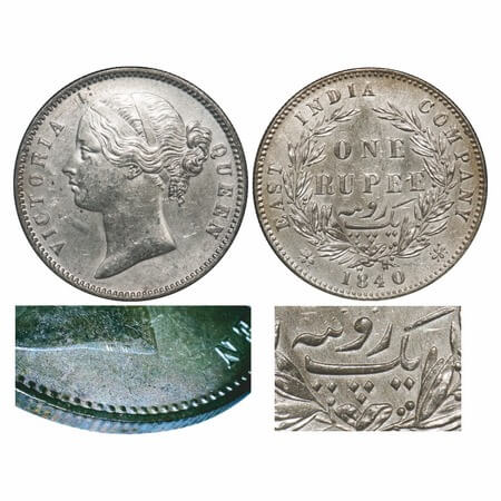 Victoria Queen, Silver, Rupee, 1840, DL, Calcutta Mint, W.W. raised, Wreath with 28 Berrie