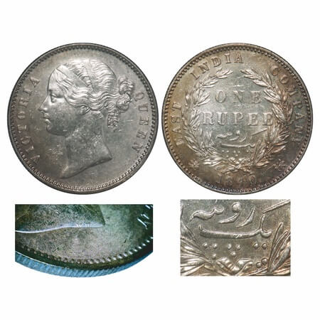 Victoria Queen, Silver, Rupee, 1840, DL, Calcutta Mint, W.W. raised, Wreath with 28 Berrie