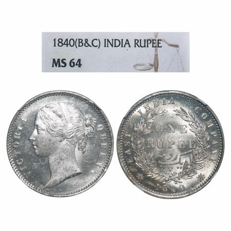 Victoria Queen, Silver, Rupee, 1840, DL, Calcutta Mint, W.W. raised, Wreath with 28 Berrie