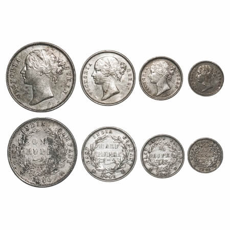 Victoria Queen, Silver, (4 coins), DL, 1) Rupee, 1840, Calcutta Mint, W.W. raised, Wreath 