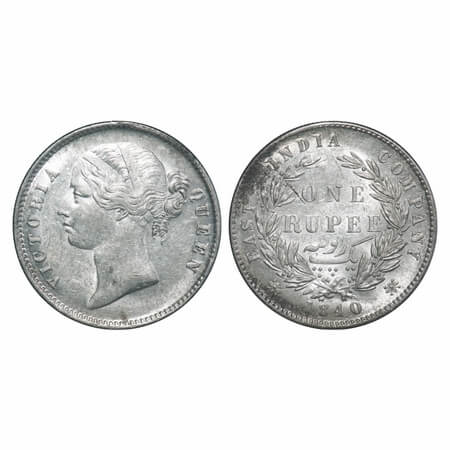 Victoria Queen, Silver, Rupee, 1840, DL, Calcutta Mint, W.W. raised, Wreath with 28 Berrie