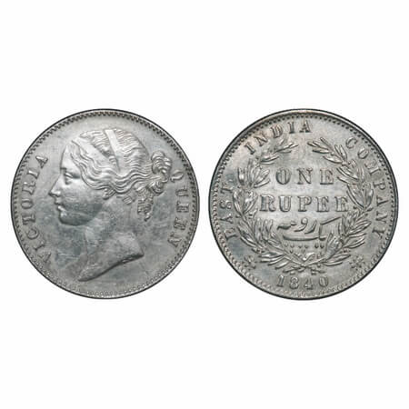 Victoria Queen, Silver, Rupee, 1840, DL, Calcutta Mint, W.W. raised, Wreath with 28 Berrie