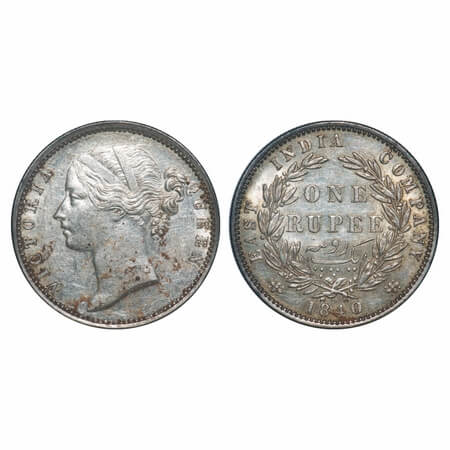 Victoria Queen, Silver, Rupee, 1840, DL, Madras Mint, W.W. 'B' raised, Wreath with 28 Berr