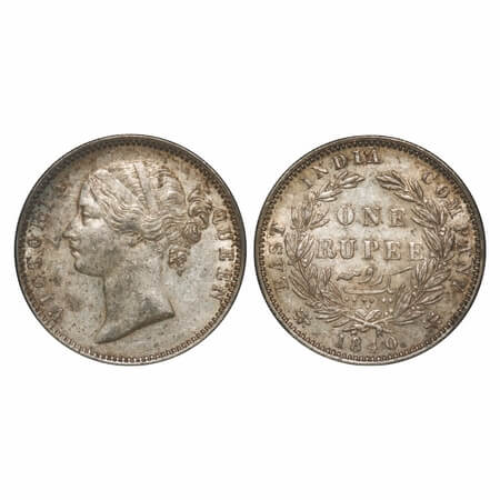 Victoria Queen, Silver, Rupee, 1840, DL, Madras Mint, W.W. 'B' raised, Wreath with 28 Berr