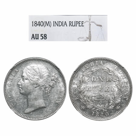 Victoria Queen, Silver, Rupee, 1840, DL, Madras Mint, W.W. B. raised (dot after 'B'), Wrea