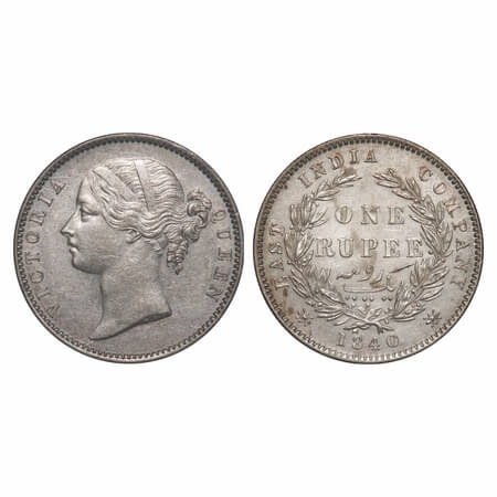 Victoria Queen, Silver, Rupee, 1840, DL, Madras Mint, W.W. 'S' raised, Wreath with 28 Berr