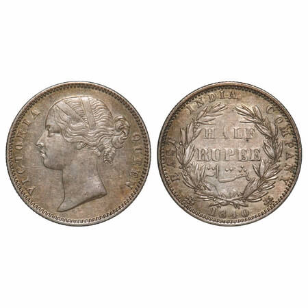 Victoria Queen, Silver, Half Rupee, 1840, DL, Calcutta Mint, .W.W incused, Wreath with 24 
