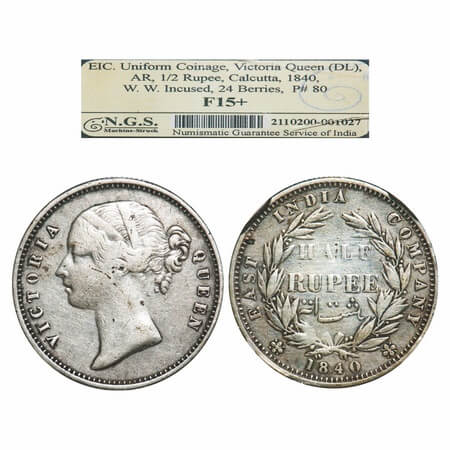 Victoria Queen, Silver, Half Rupee, 1840, DL, Bombay Mint, .W.W incused, Wreath with 24 Be