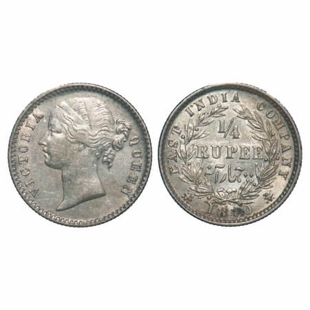 Victoria Queen, Silver, 1/4 Rupee, 1840, DL, Calcutta Mint, W.W. raised, Wreath with 10 Be