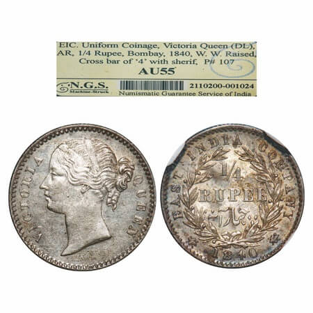 Victoria Queen, Silver, 1/4 Rupee, 1840, DL, Bombay Mint, W.W. raised, Wreath with 10 Berr