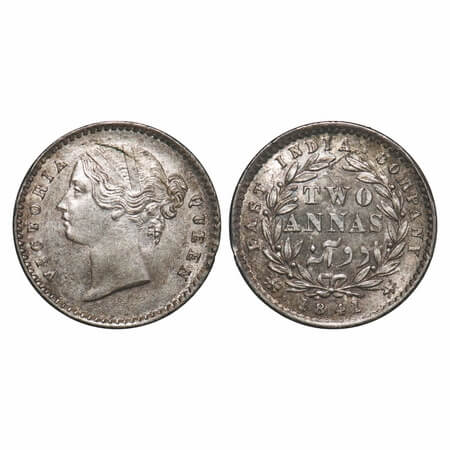 Victoria Queen, Silver, 2 Annas, 1841, DL, Calcutta Mint, W.W. raised, Wreath with 9 Berri