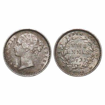 Victoria Queen, Silver, 2 Annas, 1841, DL, Calcutta Mint, W.W. raised, Wreath with 9 Berri
