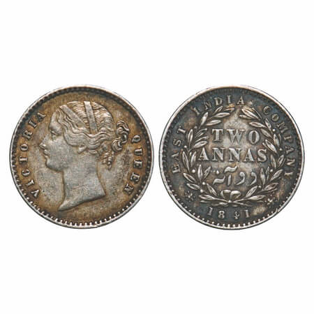 Victoria Queen, Silver, 2 Annas, 1841, DL, Calcutta Mint, W.W. raised, Wreath with 9 Berri