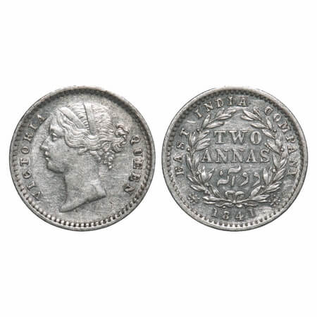 Victoria Queen, Silver, 2 Annas, 1841, DL, Madras Mint, 'S' incused, W.W. raised, Wreath w