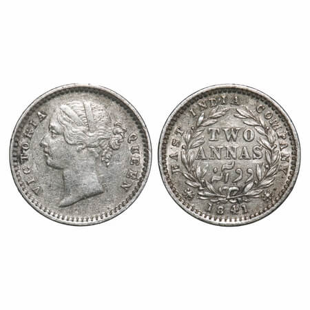 Victoria Queen, Silver, 2 Annas, 1841, DL, Madras Mint, 'S' incused, W.W. raised, Wreath w