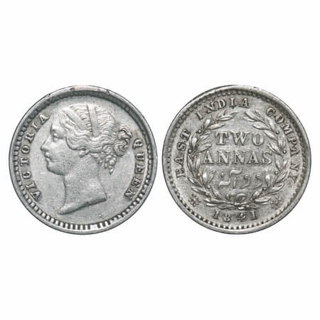 Victoria Queen, Silver, 2 Annas, 1841, DL, Madras Mint, 'S' incused, W.W. raised, Wreath w