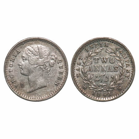 Victoria Queen, Silver, 2 Annas, 1841, DL, Madras Mint, W.W. raised, 'S' incused, Wreath w