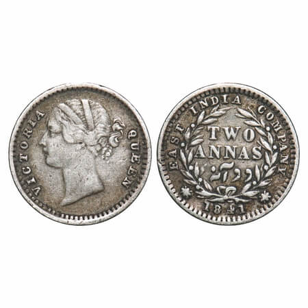 Victoria Queen, Silver, 2 Annas, 1841, DL, Bombay Mint, .W.W raised, Wreath with 9 Berries