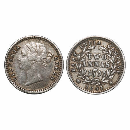 Victoria Queen, Silver, 2 Annas, 1841, DL, Bombay Mint, .W.W raised, Wreath with 9 Berries