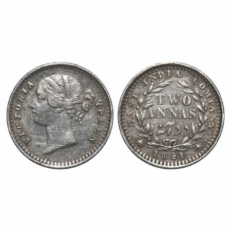 Victoria Queen, Silver, 2 Annas, 1841, DL, Bombay Mint, .W.W raised, Wreath with 9 Berries