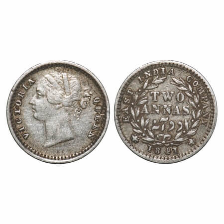 Victoria Queen, Silver, 2 Annas, 1841, DL, Bombay Mint, .W.W raised, Wreath with 9 Berries