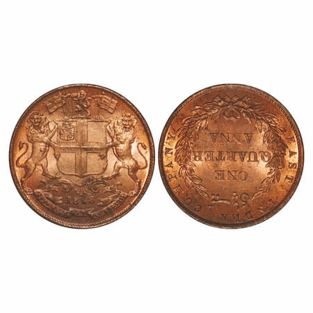 Victoria Queen, Copper, Quarter Anna, 1858, J. Watt & Co., Birmingham Mint, Single leaf, Y