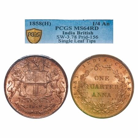 Victoria Queen, Copper, Quarter Anna, 1858, J. Watt & Co., Birmingham Mint, Single leaf, Y