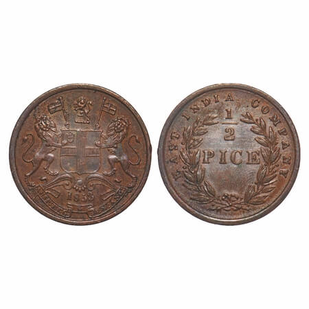 Victoria Queen, Copper, 1/2 Pice, 1853, Calcutta Mint, B/I, With elongated beads above yea