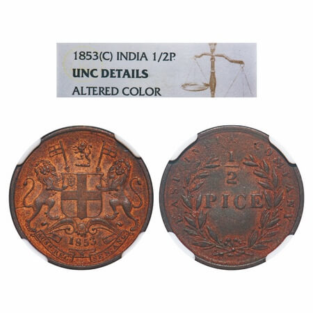 Victoria Queen, Copper, 1/2 Pice, 1853, Calcutta Mint, B/I, With elongated bead above year