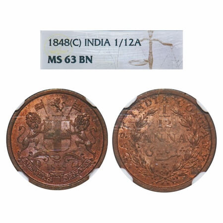 Victoria Queen, Copper, 1/12 Anna, 1848, Calcutta Mint, Wreath with 23 Berries (13L + 10R)