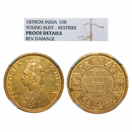 Victoria Queen, Gold, 10 Rupees, 1870, Calcutta Mint, Obv: Crowned and Robed bust, Rev: 10