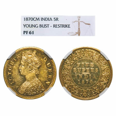 Victoria Queen, Gold, 5 Rupees, 1870, Calcutta Mint, Obv: Young Crown and Robed bust, Rev: