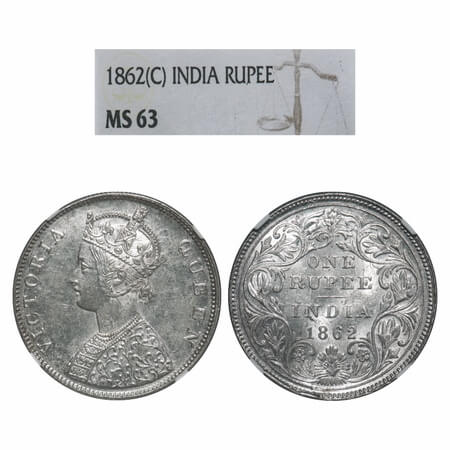 Victoria Queen, Silver, Rupee, 1862, Calcutta Mint, B1/II, Embroidery in high relief. F. P