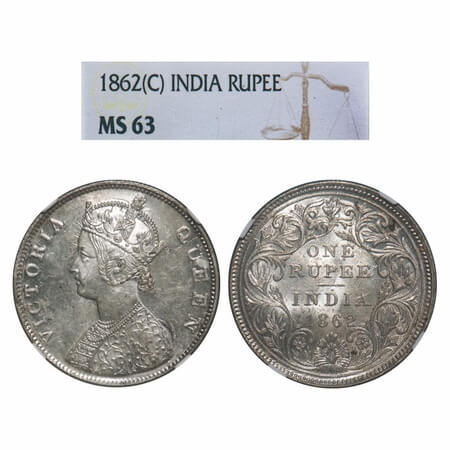 Victoria Queen, Silver, Rupee, 1862, Calcutta Mint, B1/II, Embroidery in high relief. F. P