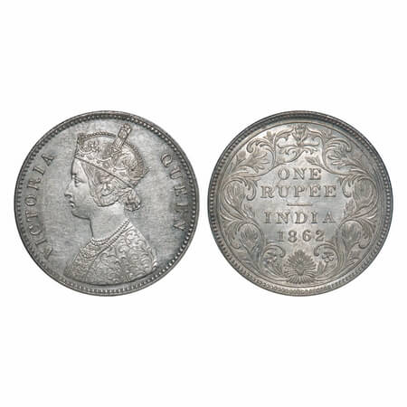Victoria Queen, Silver, Rupee, 1862, Calcutta Mint, A/II(i), With initial 'J', Pineapple l