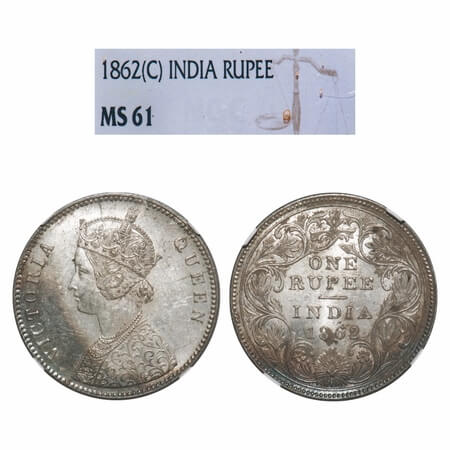 Victoria Queen, Silver, Rupee, 1862, Calcutta Mint, A/I/0/0, With initial 'J'. F. Prid 66.