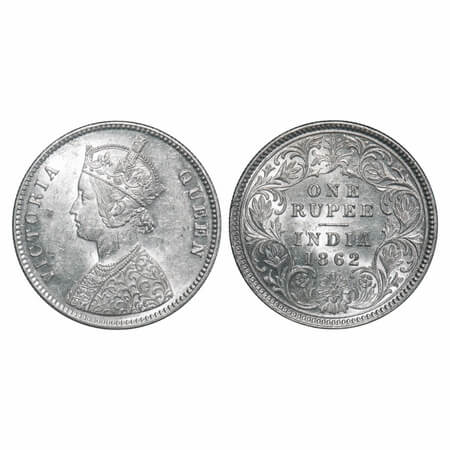 Victoria Queen, Silver, Rupee, 1862, Calcutta Mint, A/I/0/0, With initial 'J'. F. Prid 66.