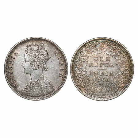 Victoria Queen, Silver, Rupee, 1862, Calcutta Mint, A/I, With initial 'J', Mechanical die 