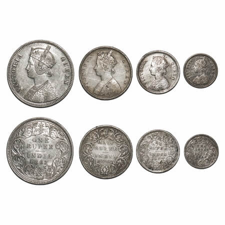 Victoria Queen, Silver, 1862, (4 coins), 1) Rupee, Calcutta Mint, A/II, With initial 'J', 