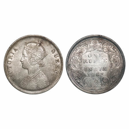 Victoria Queen, Silver, Rupee, 1862, Calcutta Mint, A/I, w/o initial 'J'. F. Prid 66. GK 2