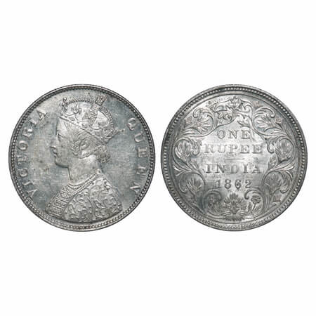 Victoria Queen, Silver, Rupee, 1862, Madras Mint, B/II/0/0, w/o enclosed frame effect and 